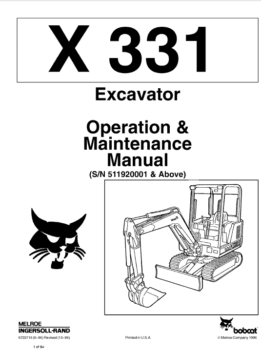 Bobcat X331, X331E and X334 Excavator Service Manual