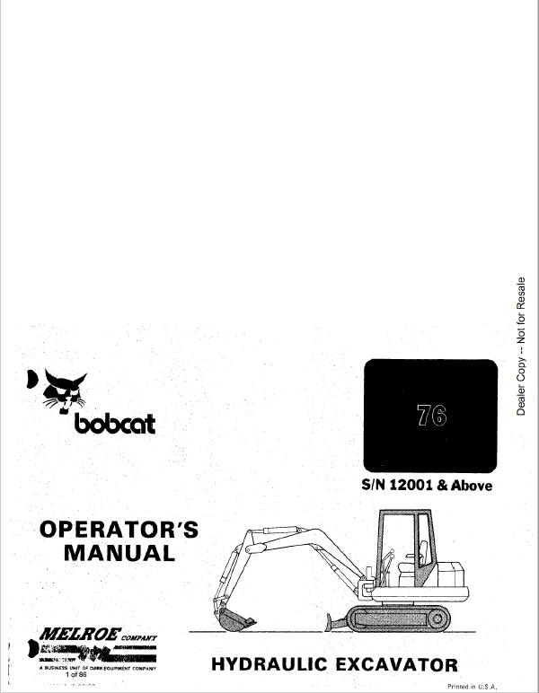 Bobcat X56 and X76 Excavator Service Manual