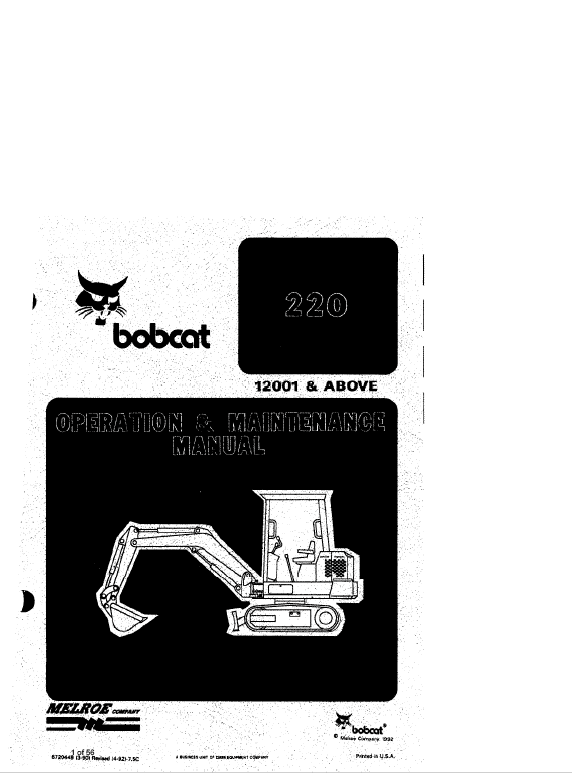 Bobcat X220 Excavator Service Manual