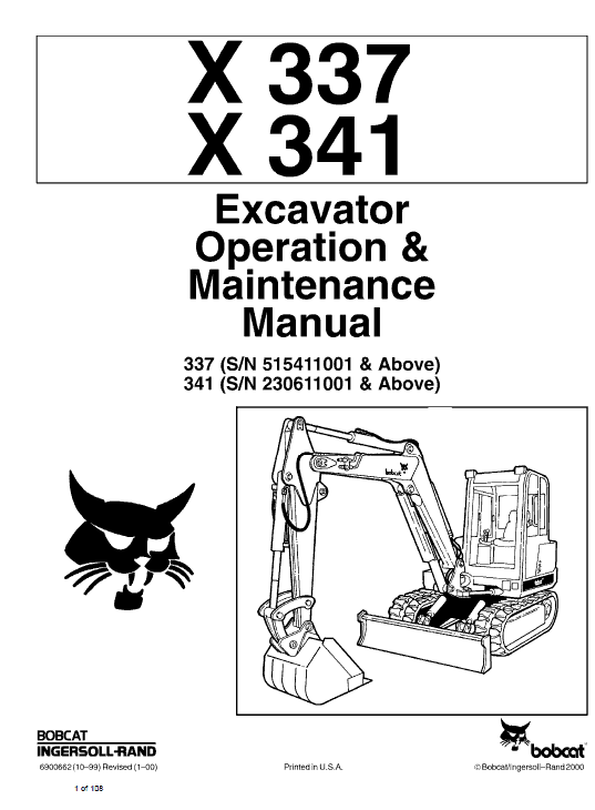 Bobcat X337 and X341 Excavator Service Manual