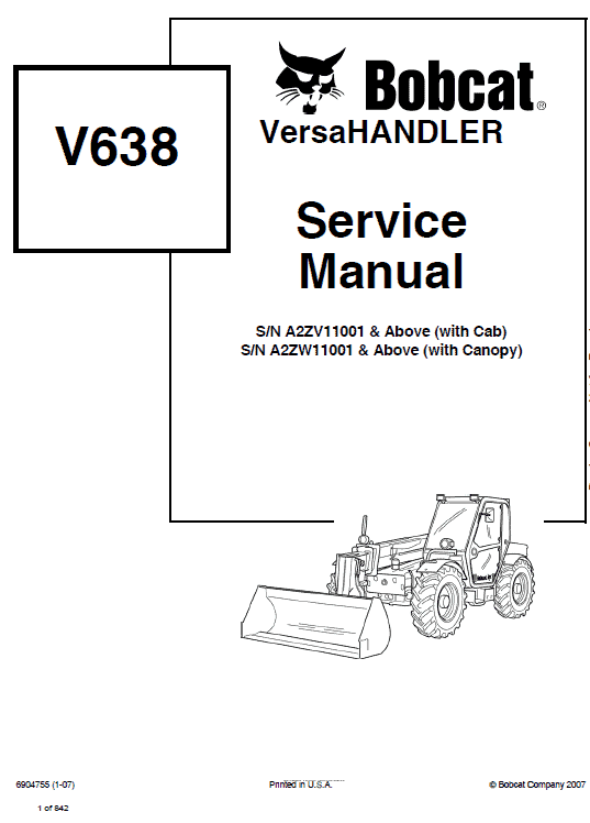 Bobcat V638 VersaHANDLER Telescopic Service Manual