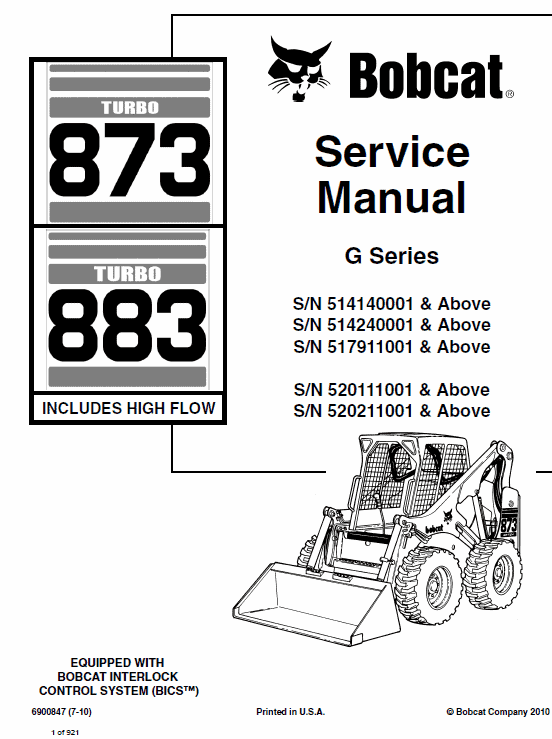 Bobcat 873 and 883 G-Series Skid-Steer Loader Service Manual