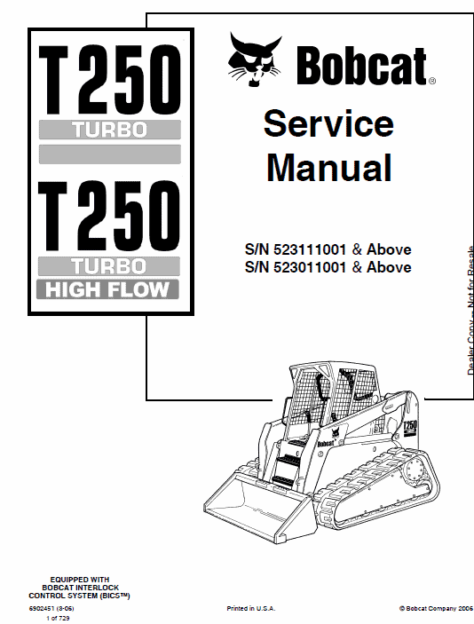 Bobcat T250 Turbo and Turbo High Flow Track Loader Service Manual