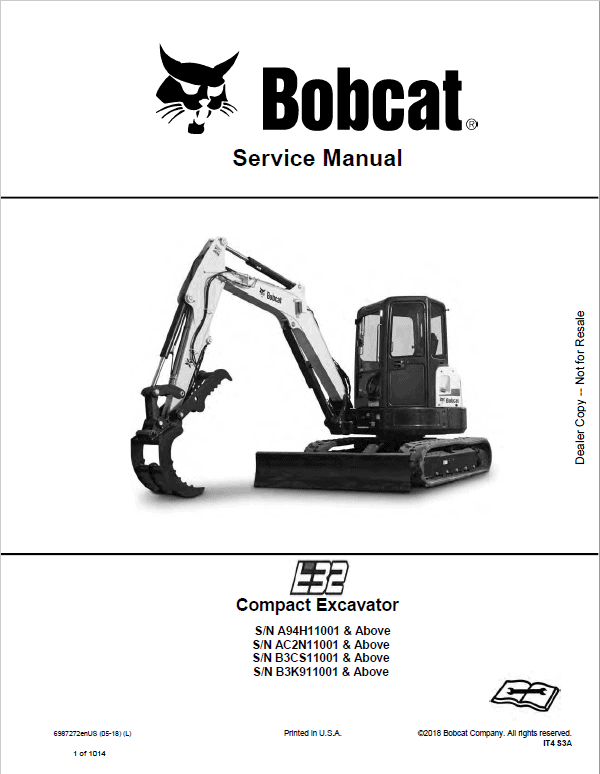 Bobcat E32 Compact Excavator Repair Service Manual