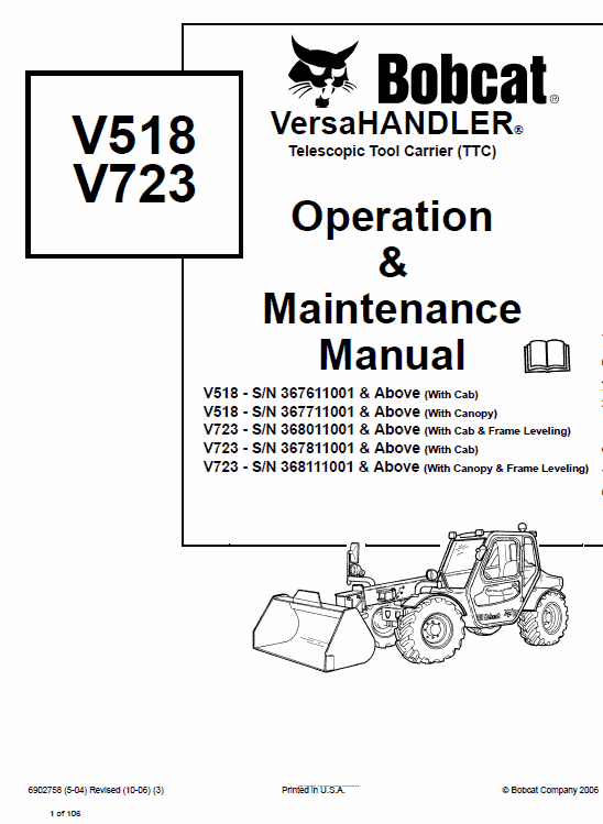 Bobcat V518 VersaHANDLER Telescopic Service Manual