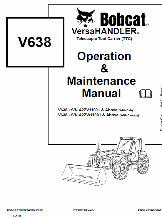 Bobcat V638 VersaHANDLER Telescopic Service Manual