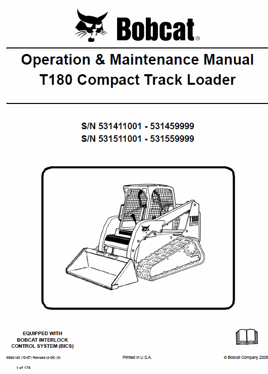 Bobcat T180 Compact Loader Service Manual