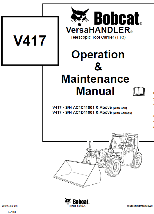 Bobcat V417 VersaHANDLER Telescopic Service Manual