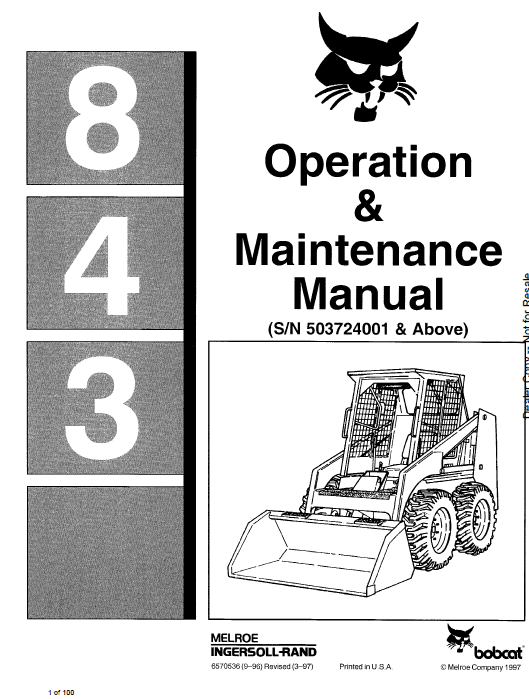 Bobcat 843 and 843B Skid-Steer Loader Service Manual