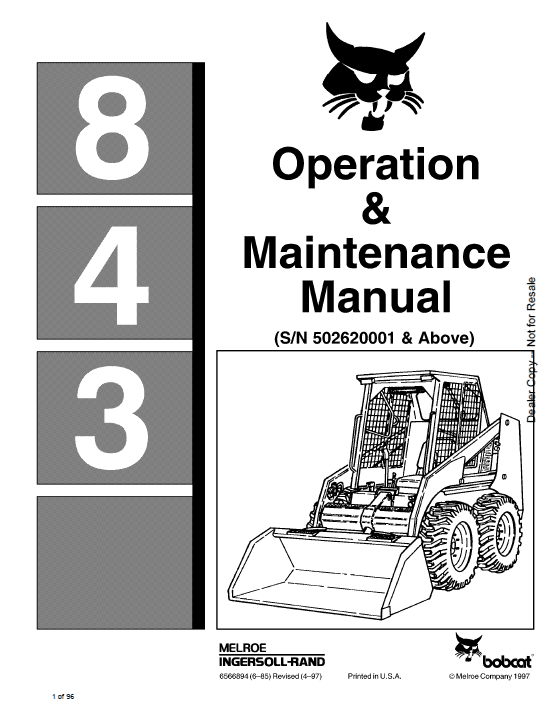 Bobcat 843 and 843B Skid-Steer Loader Service Manual