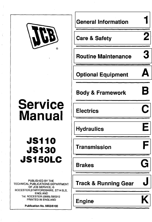 Jcb Js110, Js130, Js150lc Tracked Excavator Service Manual