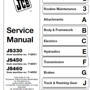 Jcb Js330, Js450, Js460 Manual Tracked Excavator Service Manual