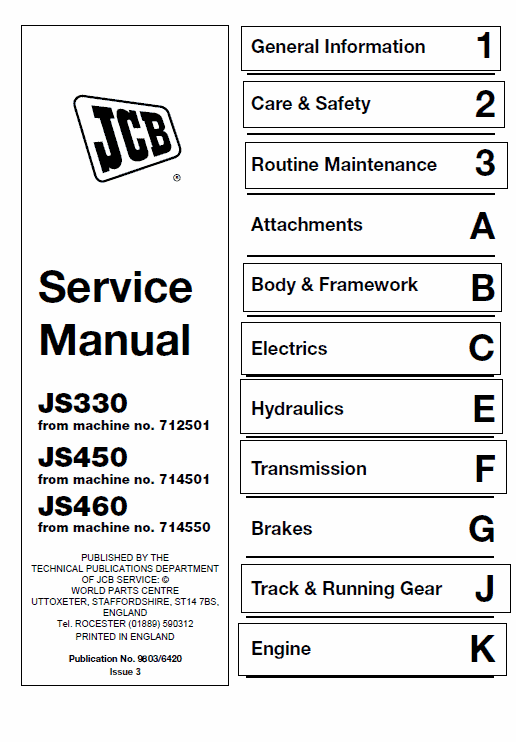 Jcb Js330, Js450, Js460 Manual Tracked Excavator Service Manual