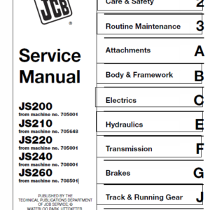 Jcb Js200, Js210, Js220, Js220, Js240, Js260 Tracked Excavator Service Manual