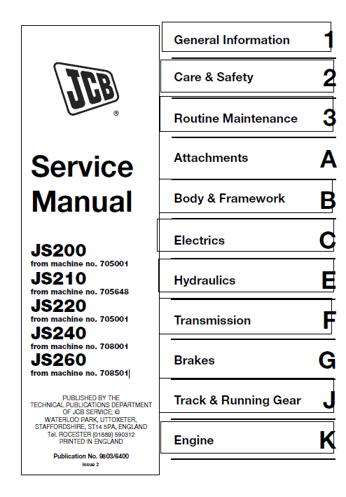 Jcb Js200, Js210, Js220, Js220, Js240, Js260 Tracked Excavator Service Manual