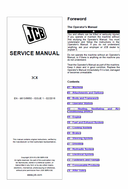 JCB 3CX Tier 2, Tier 3 Backhoe Loader Service Repair Manual (1918307- 1920000 & 2416001- 2616002)