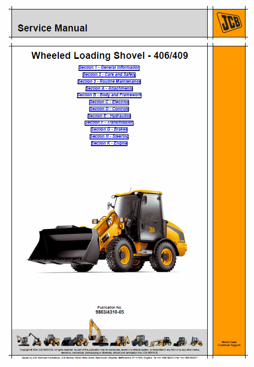 JCB 406, 409 Wheeled Loader Shovel Tier 2/3 Deutz Service Manual