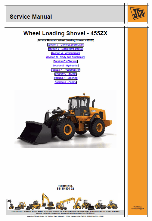 JCB 455ZX Wheeled Loader Shovel Service Manual