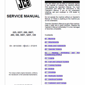 Jcb 225 225t, 260, 260t, 280, 300, 300t, 320t, 325t, 330 Skidsteer Service Manual