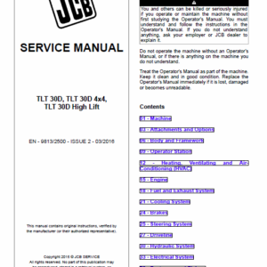 Jcb Tlt 30d, Tlt 30d 4×4, Tlt 30d High Lift Teletruck Service Manual