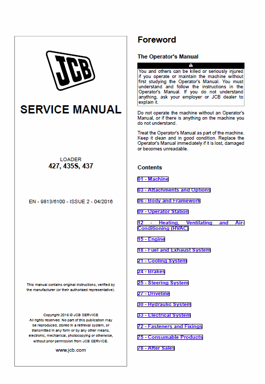 JCB 427, 437, 457 T4i Wheeled Loader Shovel Service Manual