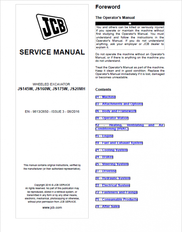 JCB JS145W, JS160W, JS175W, JS20MH Tier 4 Wheeled Excavator Service Manual