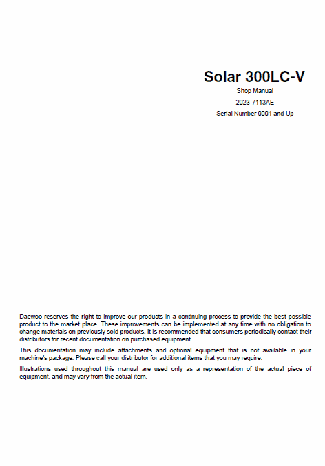 Doosan Daewoo Solar S300lc-v Excavator Service Manual