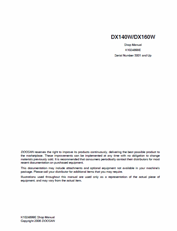 Doosan Daewoo Dx140w, Dx160w Excavator Service Manual