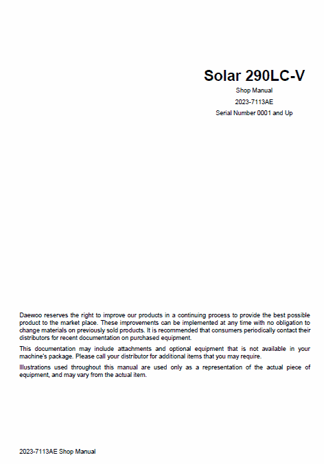 Doosan Daewoo Solar S290lc-v Excavator Service Manual