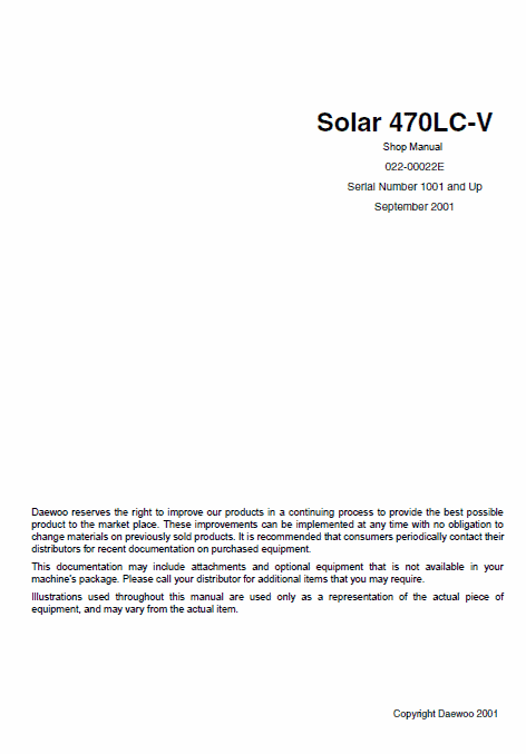 Doosan Daewoo Solar S470lc-v Excavator Service Manual