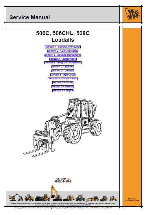 Jcb 506c, 506chl, 508c Loadall Telescopic Handlers Service Manual