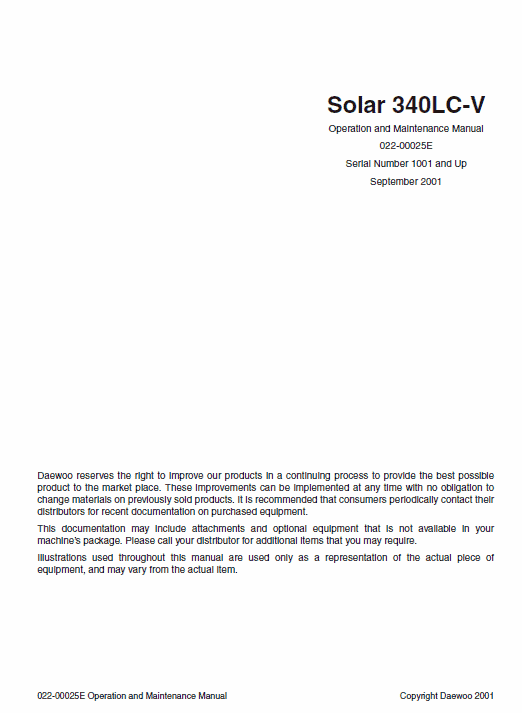 Doosan Daewoo Solar S340lc-v Excavator Service Manual