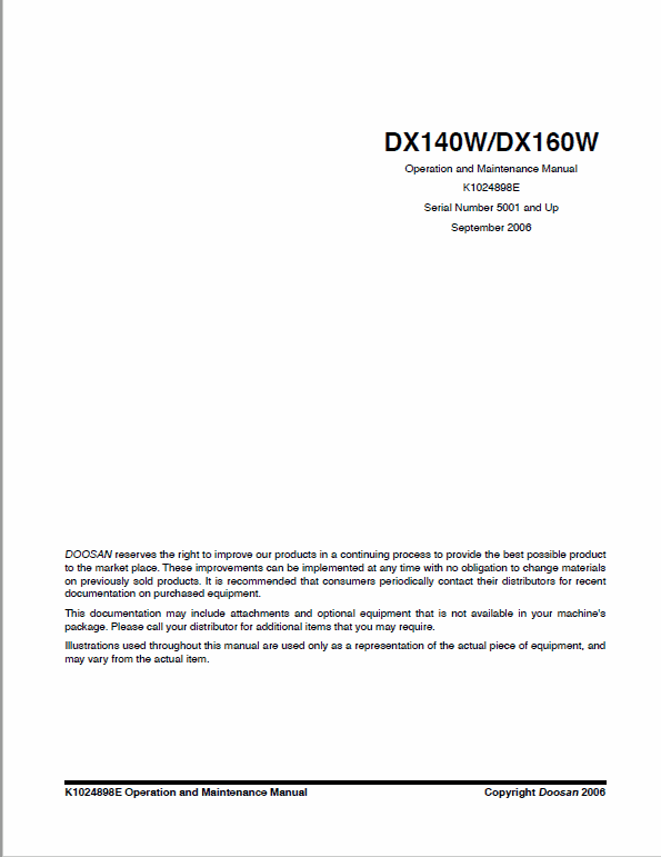 Doosan Daewoo Dx140w, Dx160w Excavator Service Manual