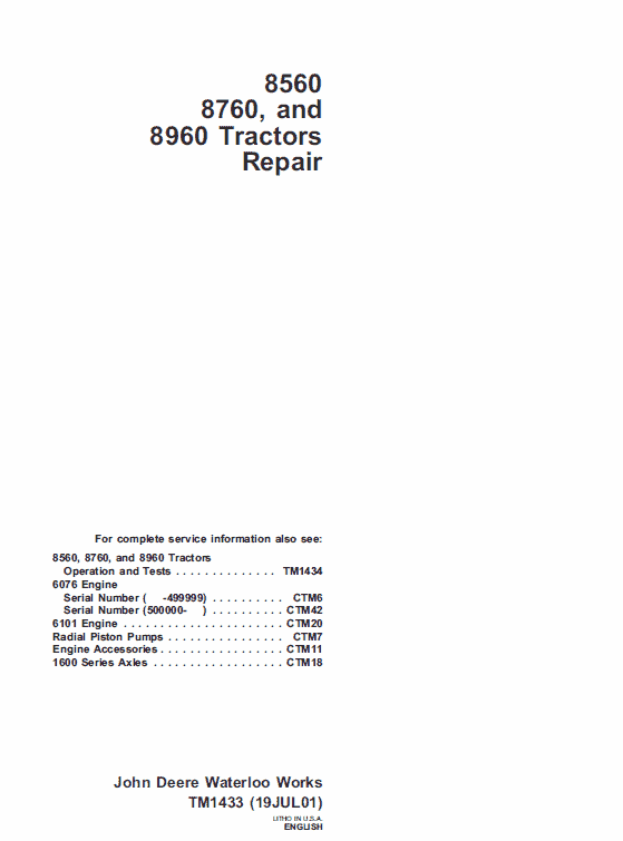 John Deere 8560, 8760, 8960 Tractor Service Manual Tm-1433