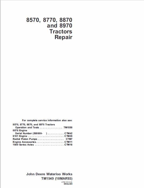 John Deere 8570, 8770, 8870, 8970 Tractor Service Manual Tm-1549