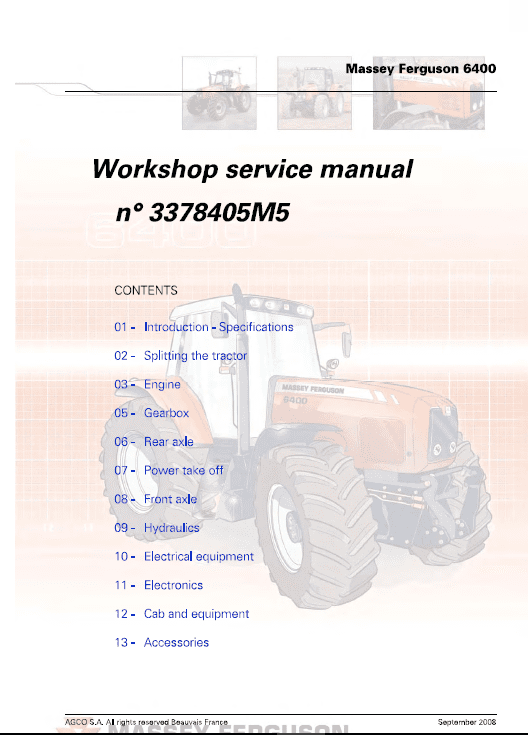 Massey Ferguson 6445, 6455, 6460, 6465, 6470, 6475, 6480 Tractor Service Manual