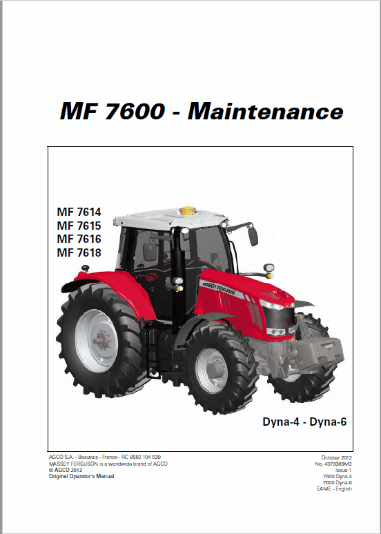 Massey Ferguson 7614, 7415, 7416, 7418 Tractor Operation And Maintenance Manual