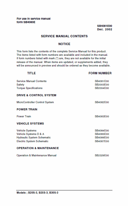 Doosan Daewoo B20s-3, B25s-3, B30s-3 Forklift Repair Service Manual