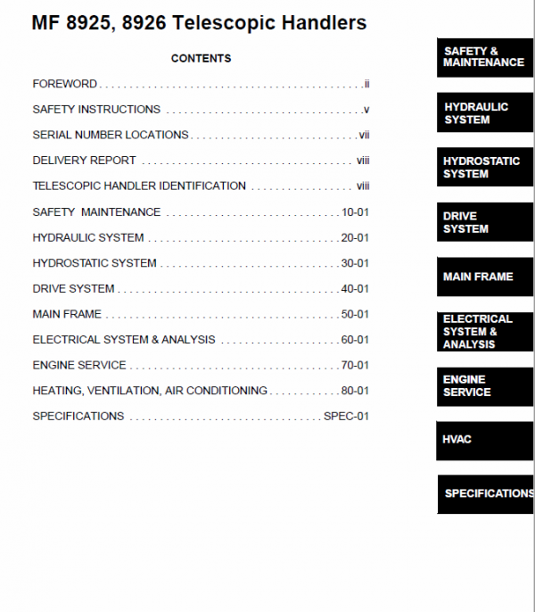 Massey Ferguson Mf 8925, 8926 Telescopic Handlers Service Manual