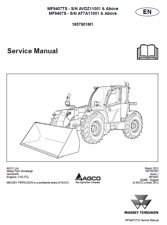 Massey Ferguson Mf 9407ts, 9407s Telescopic Handler Service Manual