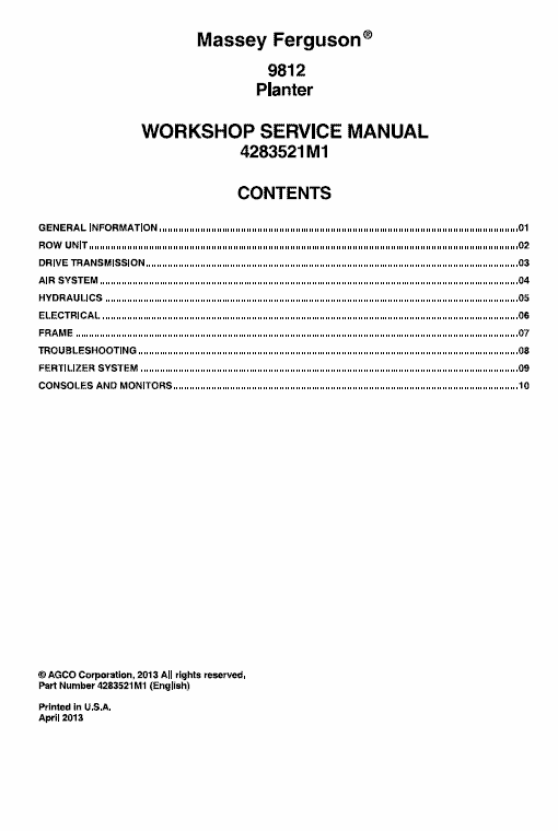 Massey Ferguson 9812 Planter Service Manual