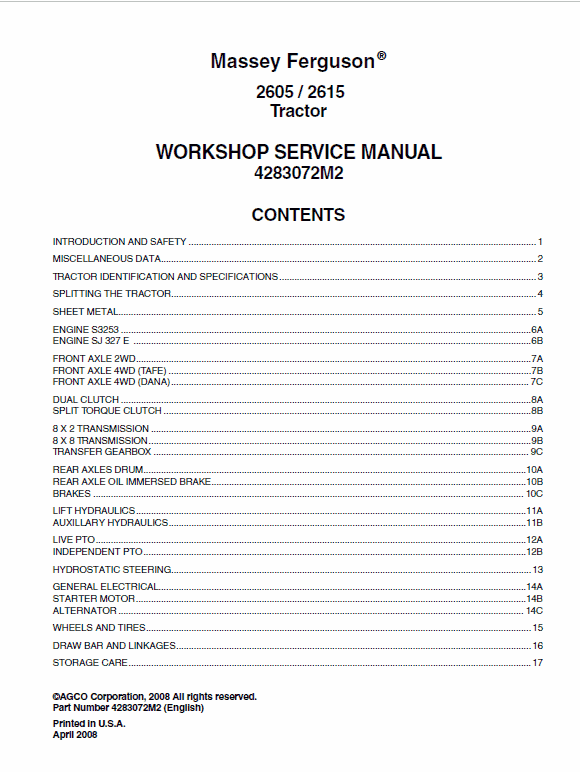 Massey Ferguson 2605, 2615 Tractor Service Manual