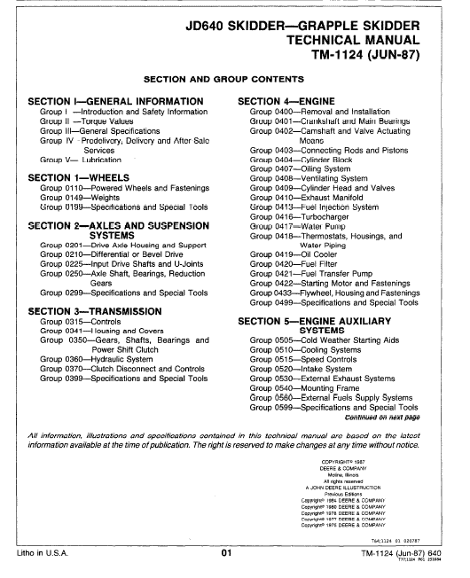 John Deere 640 Skidder Service Manual Tm-1124