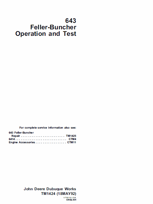 John Deere 643 Feller Buncher Service Manual