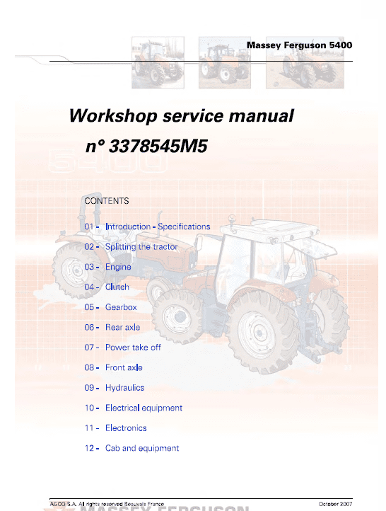 Massey Ferguson 5425, 5435, 5445, 5460, 5465, 5470, 5475, 5480 Tractors Workshop Manual