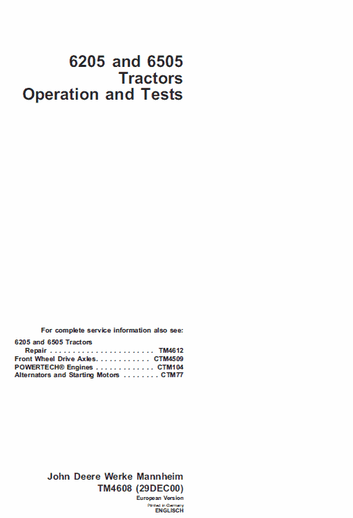 John Deere 6205, 6505 Tractor Service Manual Tm-4612