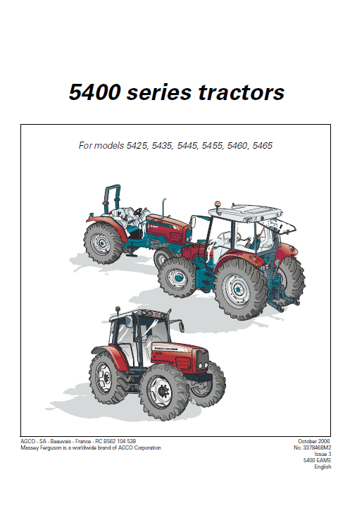 Massey Ferguson 5425, 5435, 5445, 5460, 5465, 5470, 5475, 5480 Tractors Workshop Manual