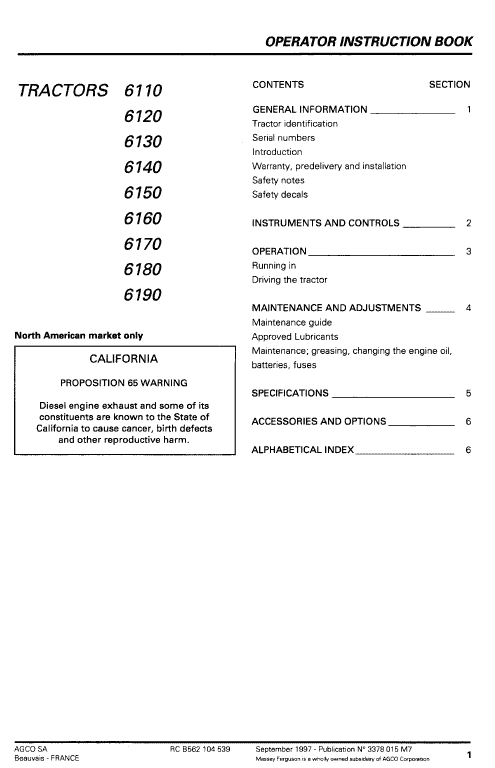 Massey Ferguson 6160, 6170, 6180, 6190 Tractor Service Manual