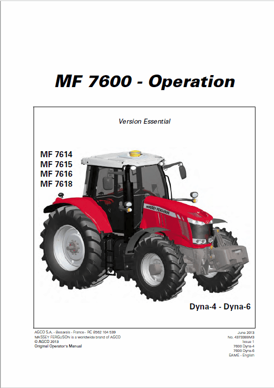 Massey Ferguson 7614, 7415, 7416, 7418 Tractor Operation And Maintenance Manual