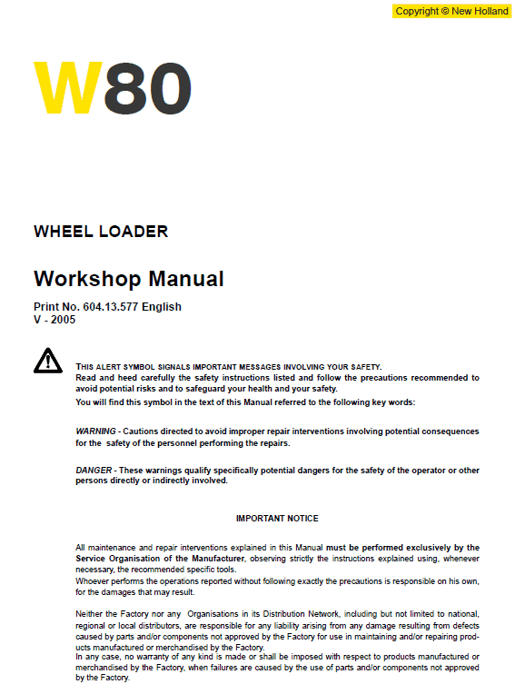 New Holland W80 Wheeled Loader Service Manual